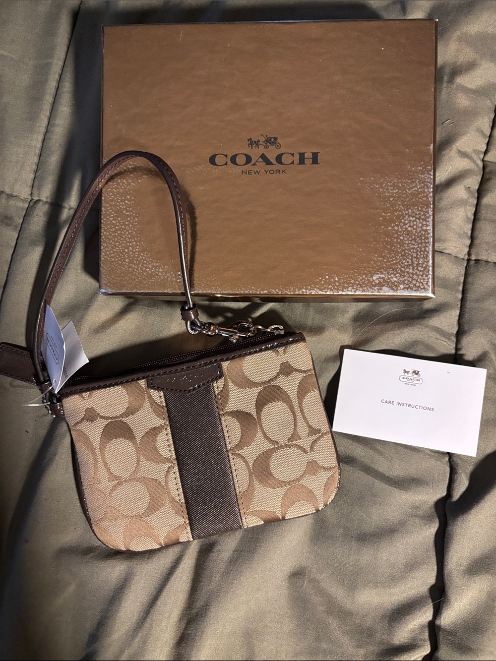Coach Tan/Brown Signature Canvas Wristlet with Leather Strap